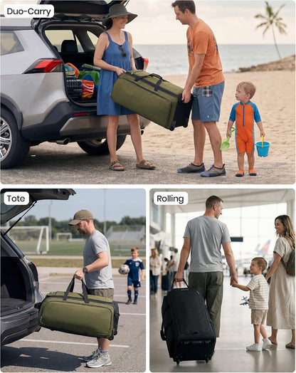120L Foldable Rolling Duffle Bag with Wheels, Self-Standing Travel Duffel, Heavy Duty Water Resistant Collapsible Luggage with Clean Isolation Pocket for Intimates & Kids, Family Travel