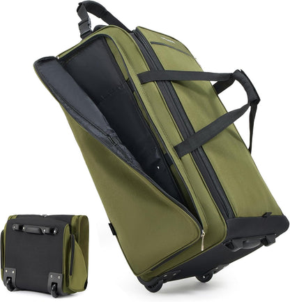 120L Foldable Rolling Duffle Bag with Wheels, Self-Standing Travel Duffel, Heavy Duty Water Resistant Collapsible Luggage with Clean Isolation Pocket for Intimates & Kids, Family Travel