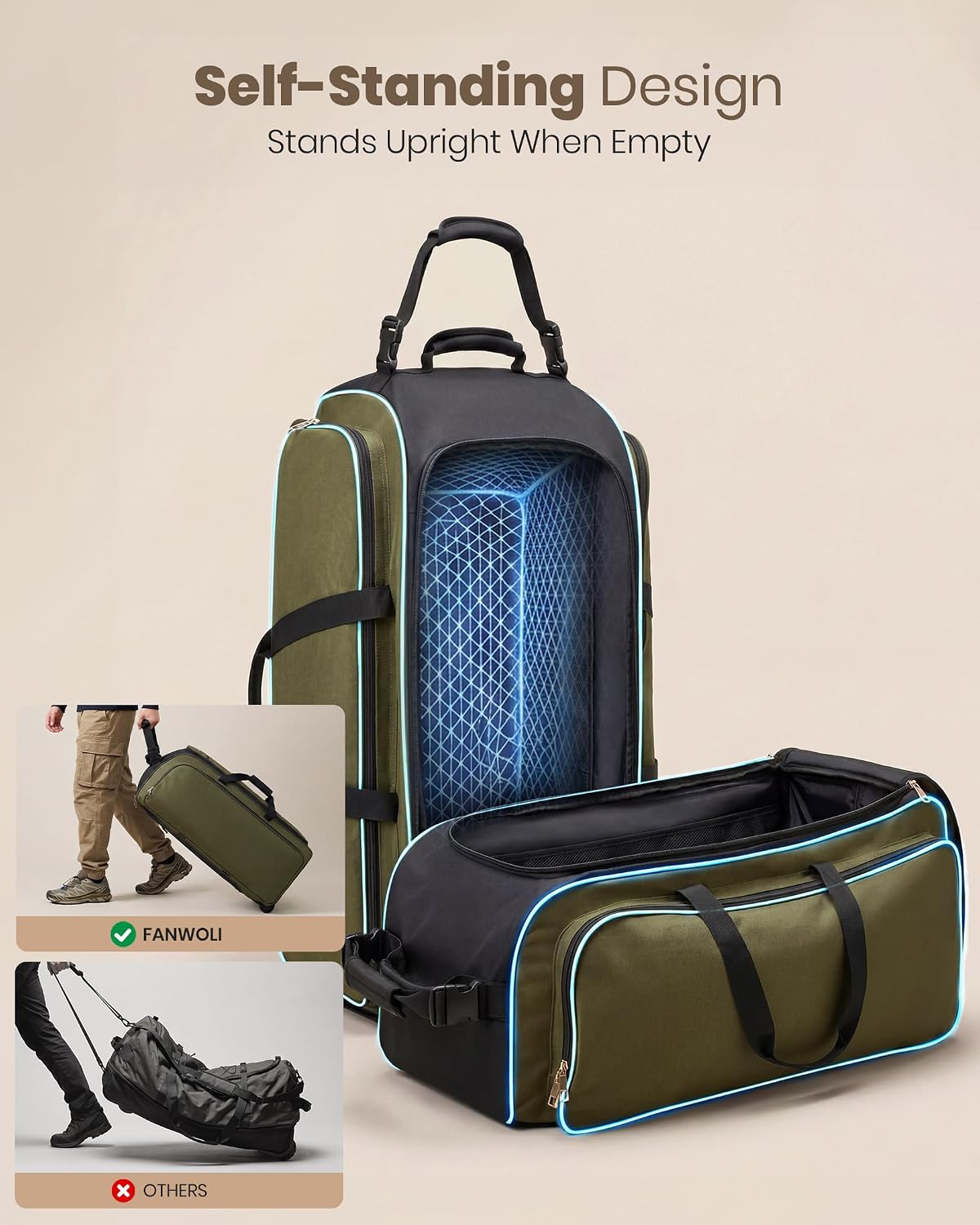 120L Foldable Rolling Duffle Bag with Wheels, Self-Standing Travel Duffel, Heavy Duty Water Resistant Collapsible Luggage with Clean Isolation Pocket for Intimates & Kids, Family Travel