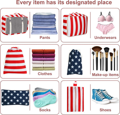 Packing Cubes for Suitcases, 4th of July American Flag Luggage Organizer Bags for Carry On, Travel Bags Organizer for Luggage, Must Have Travel Essentials