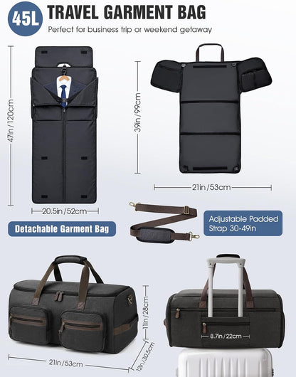 Garment Bag for Travel, 45L Carry-On Garment Duffel with Detachable Suit Bag, 3-in-1 Convertible Backpack, Shoe Compartment & Wet Pocket for Men & Women