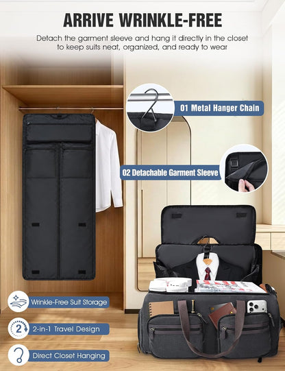 Garment Bag for Travel, 45L Carry-On Garment Duffel with Detachable Suit Bag, 3-in-1 Convertible Backpack, Shoe Compartment & Wet Pocket for Men & Women