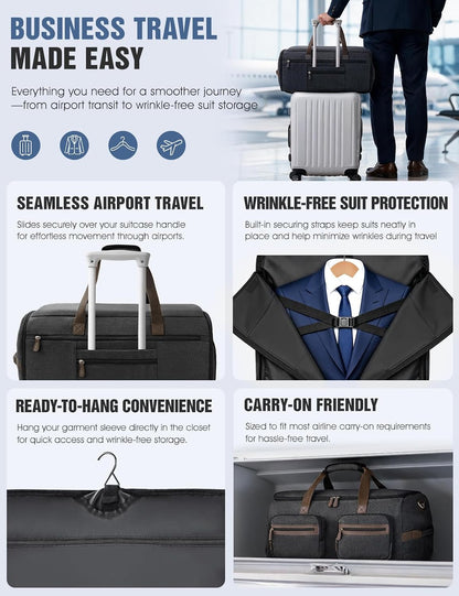 Garment Bag for Travel, 45L Carry-On Garment Duffel with Detachable Suit Bag, 3-in-1 Convertible Backpack, Shoe Compartment & Wet Pocket for Men & Women