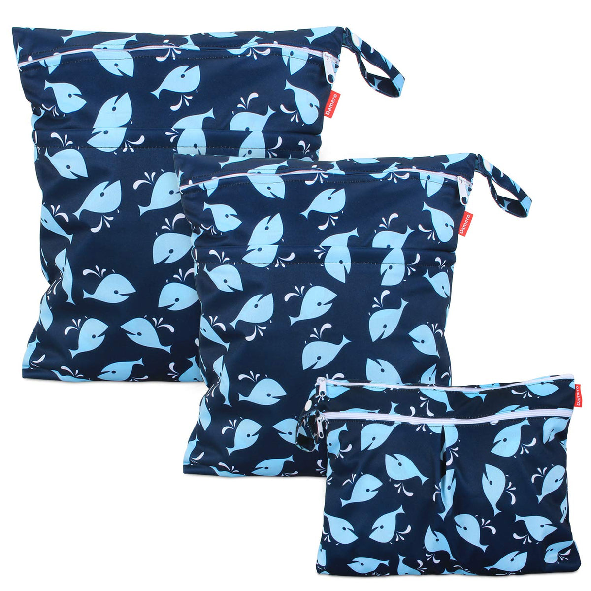 Wet Dry Bag with 2 Zippered Pockets and Snap Handle for Cloth Diaper, Swimsuit, Clothes, Ideal for Travel, Exercise, Daycare, Roomy and Water-resistant (Whale)