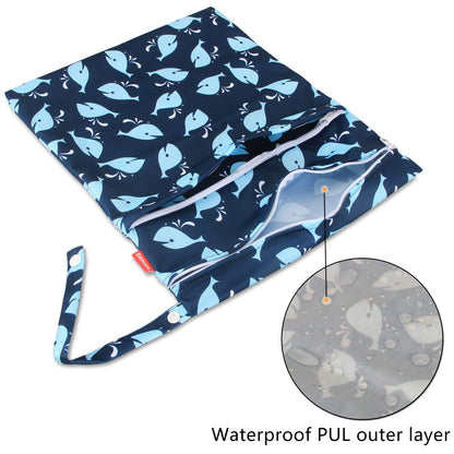 Wet Dry Bag with 2 Zippered Pockets and Snap Handle for Cloth Diaper, Swimsuit, Clothes, Ideal for Travel, Exercise, Daycare, Roomy and Water-resistant (Whale)