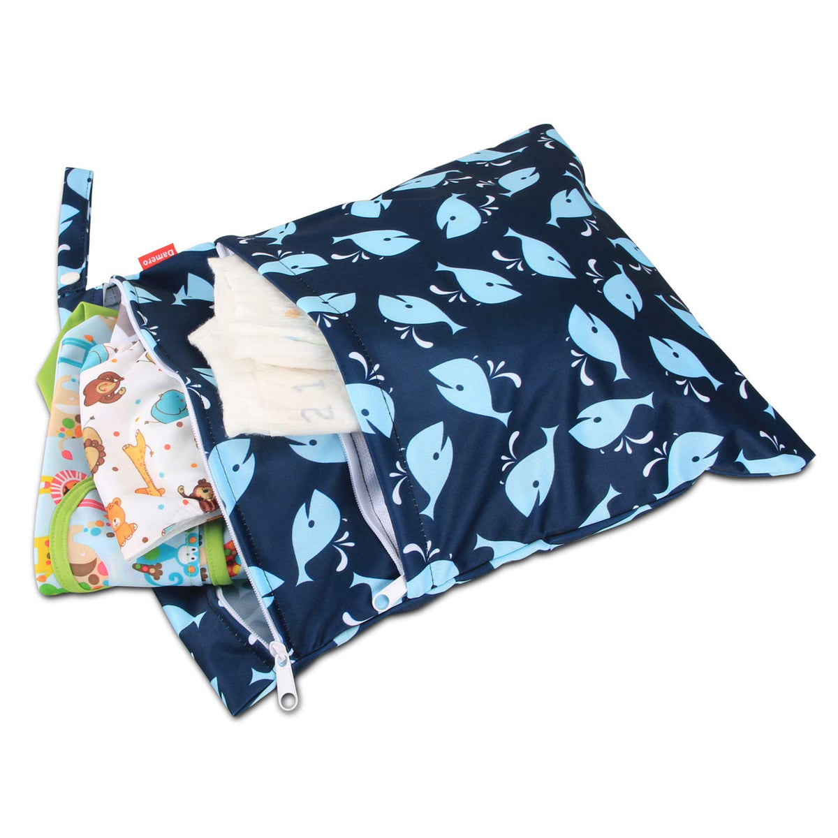 Wet Dry Bag with 2 Zippered Pockets and Snap Handle for Cloth Diaper, Swimsuit, Clothes, Ideal for Travel, Exercise, Daycare, Roomy and Water-resistant (Whale)