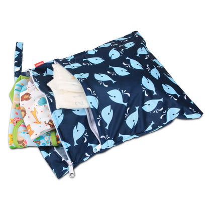 Wet Dry Bag with 2 Zippered Pockets and Snap Handle for Cloth Diaper, Swimsuit, Clothes, Ideal for Travel, Exercise, Daycare, Roomy and Water-resistant (Whale)
