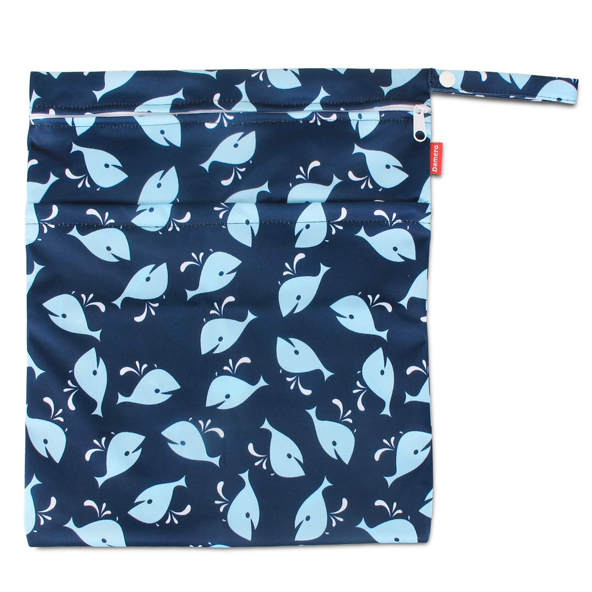 Wet Dry Bag with 2 Zippered Pockets and Snap Handle for Cloth Diaper, Swimsuit, Clothes, Ideal for Travel, Exercise, Daycare, Roomy and Water-resistant (Whale)
