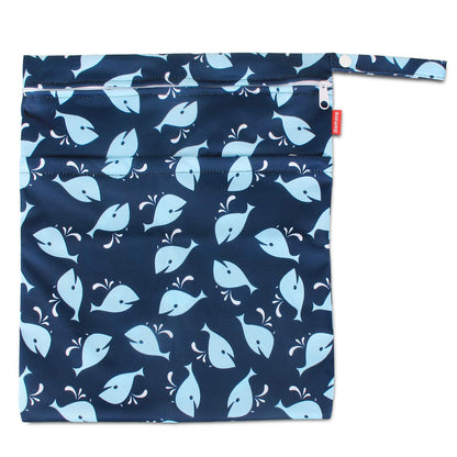 Wet Dry Bag with 2 Zippered Pockets and Snap Handle for Cloth Diaper, Swimsuit, Clothes, Ideal for Travel, Exercise, Daycare, Roomy and Water-resistant (Whale)