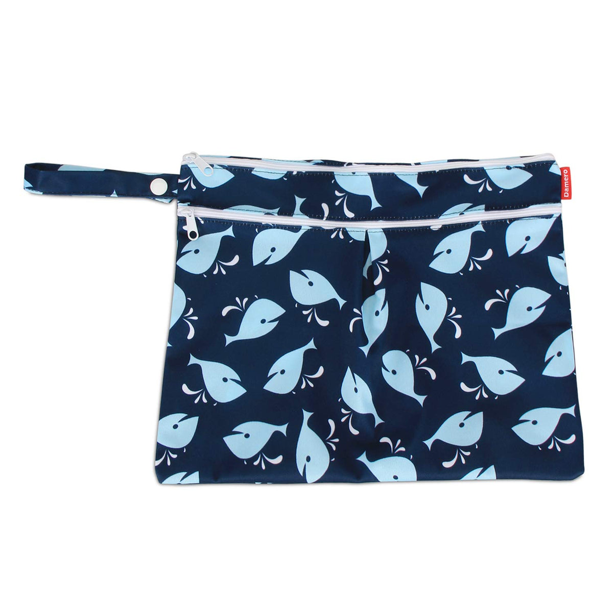 Wet Dry Bag with 2 Zippered Pockets and Snap Handle for Cloth Diaper, Swimsuit, Clothes, Ideal for Travel, Exercise, Daycare, Roomy and Water-resistant (Whale)
