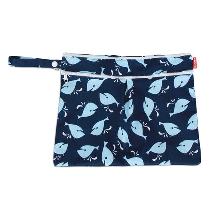 Wet Dry Bag with 2 Zippered Pockets and Snap Handle for Cloth Diaper, Swimsuit, Clothes, Ideal for Travel, Exercise, Daycare, Roomy and Water-resistant (Whale)
