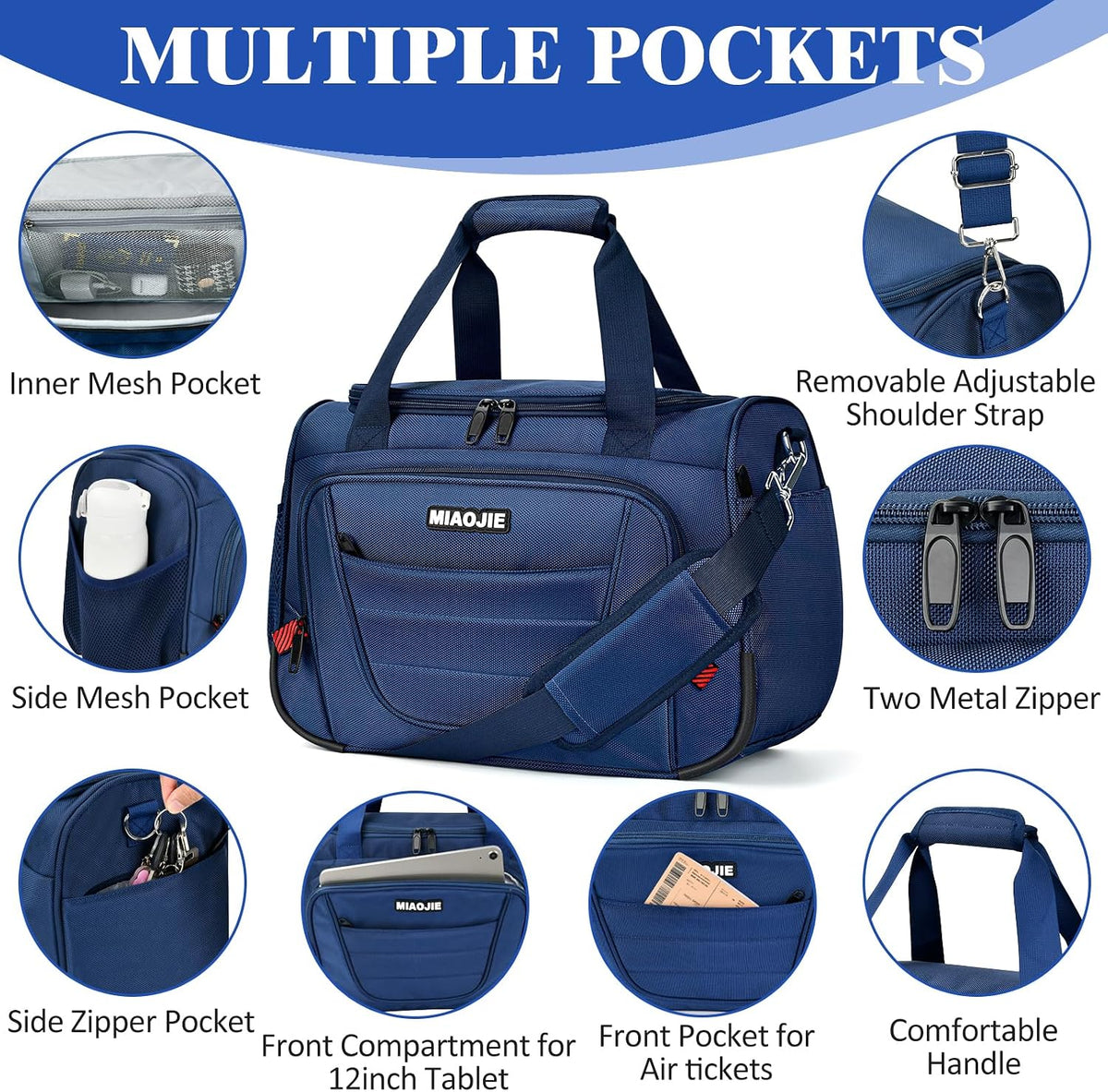 Underseat Carry On luggage Bag Airplanes Personal Item Bags Weekender Overnight Travel Tote Bag Shoulder Small Softside Carry on Luggage Travel Duffel Bags For Men Women -16 IN Navy Blue