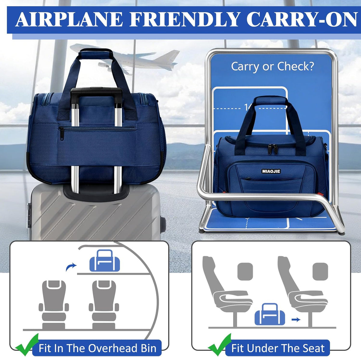 Underseat Carry On luggage Bag Airplanes Personal Item Bags Weekender Overnight Travel Tote Bag Shoulder Small Softside Carry on Luggage Travel Duffel Bags For Men Women -16 IN Navy Blue