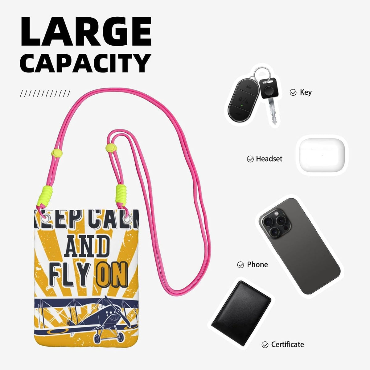 Keep Calm and Fly On for Crossbody Phone Bag, Small & Lightweight Crossbody Purse for Women with Adjustable Strap, Water-Resistant Daily Commuter Bag for Phone, Wallet, Keys