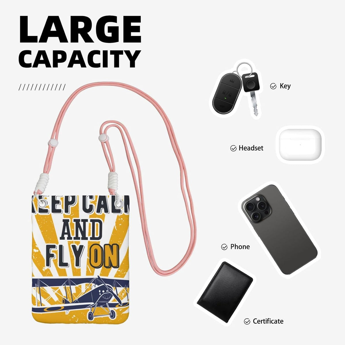 Keep Calm and Fly On for Crossbody Phone Bag, Small & Lightweight Crossbody Purse for Women with Adjustable Strap, Water-Resistant Daily Commuter Bag for Phone, Wallet, Keys