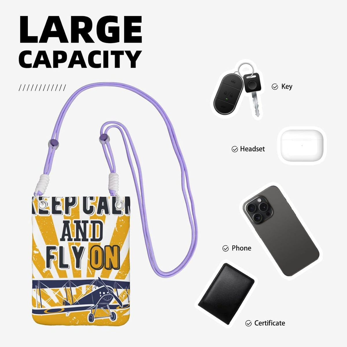 Keep Calm and Fly On for Crossbody Phone Bag, Small & Lightweight Crossbody Purse for Women with Adjustable Strap, Water-Resistant Daily Commuter Bag for Phone, Wallet, Keys