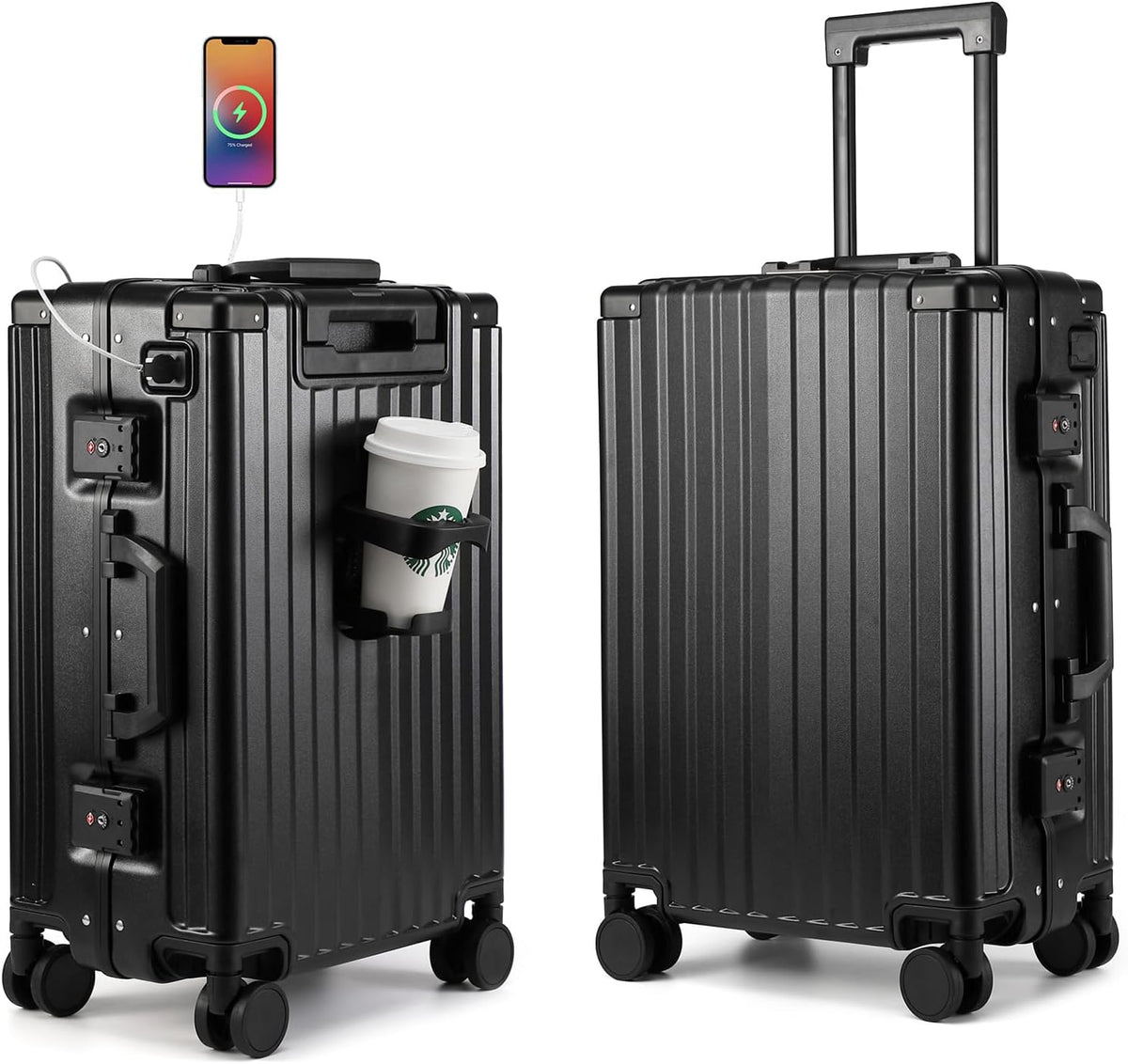 Hard Shell Carry On Luggage 22x14x9 Airline Approved,20 Inch Aluminum Luggage with 100% 3-Layer PC,Carry On Suitcases with Wheels,Cup Holder and USB Port