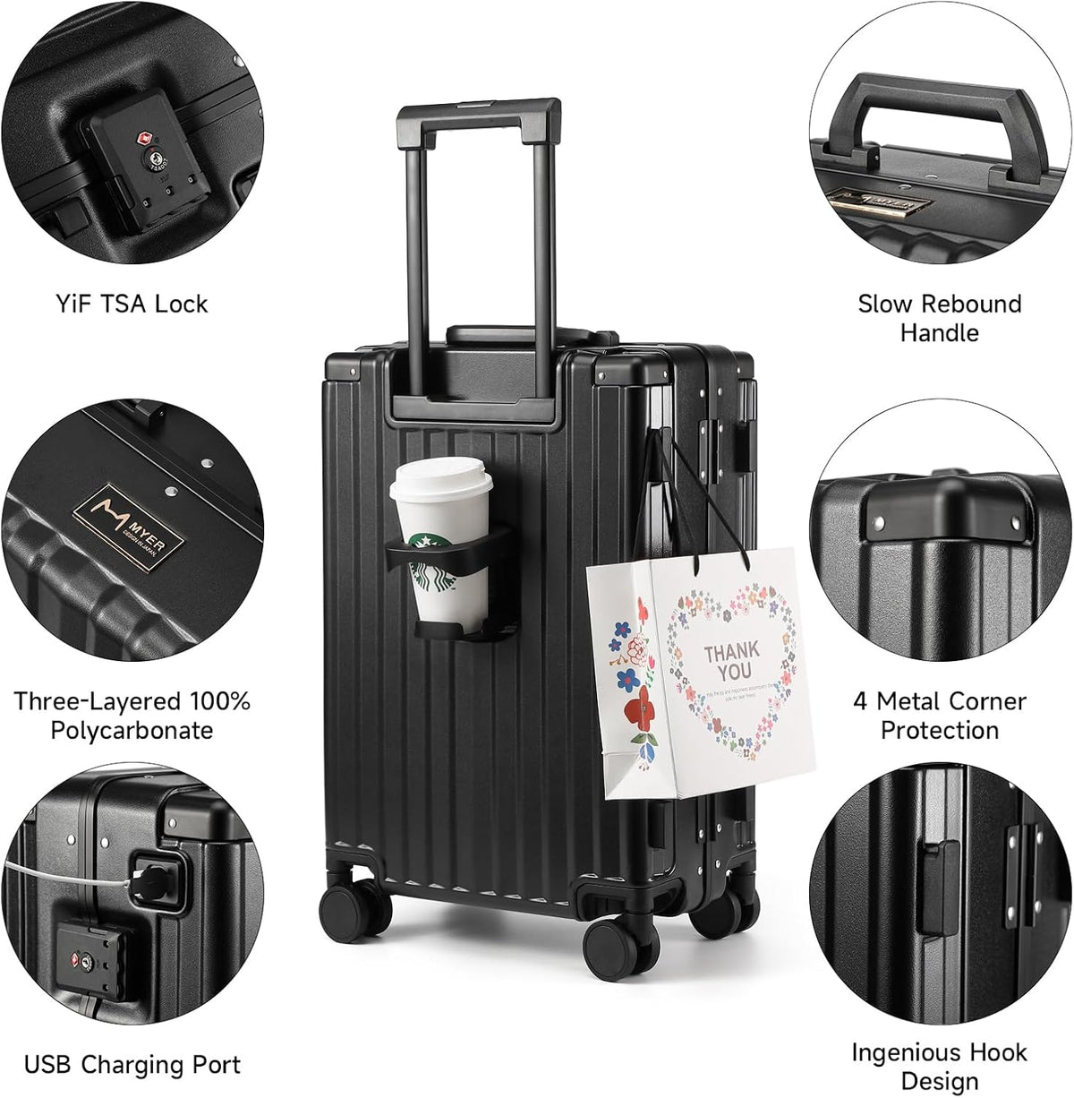 Hard Shell Carry On Luggage 22x14x9 Airline Approved,20 Inch Aluminum Luggage with 100% 3-Layer PC,Carry On Suitcases with Wheels,Cup Holder and USB Port