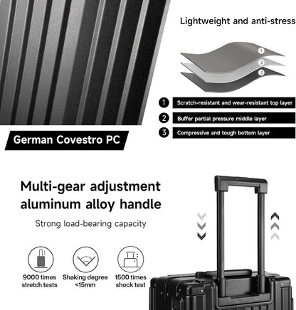 Hard Shell Carry On Luggage 22x14x9 Airline Approved,20 Inch Aluminum Luggage with 100% 3-Layer PC,Carry On Suitcases with Wheels,Cup Holder and USB Port