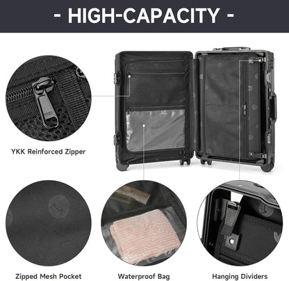 Hard Shell Carry On Luggage 22x14x9 Airline Approved,20 Inch Aluminum Luggage with 100% 3-Layer PC,Carry On Suitcases with Wheels,Cup Holder and USB Port