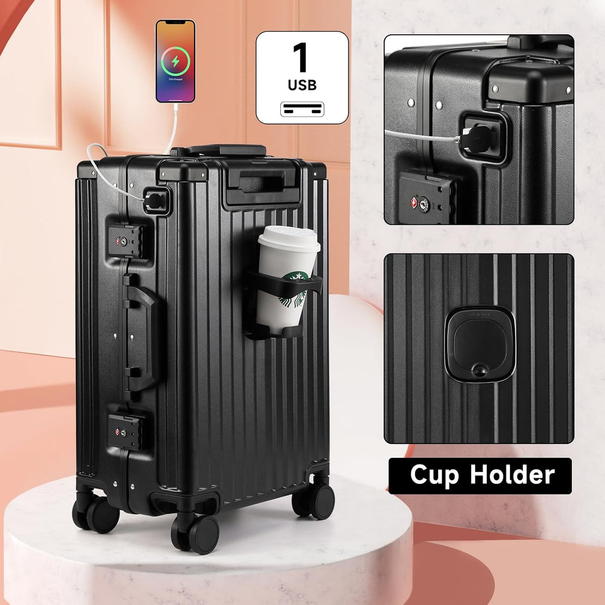 Hard Shell Carry On Luggage 22x14x9 Airline Approved,20 Inch Aluminum Luggage with 100% 3-Layer PC,Carry On Suitcases with Wheels,Cup Holder and USB Port