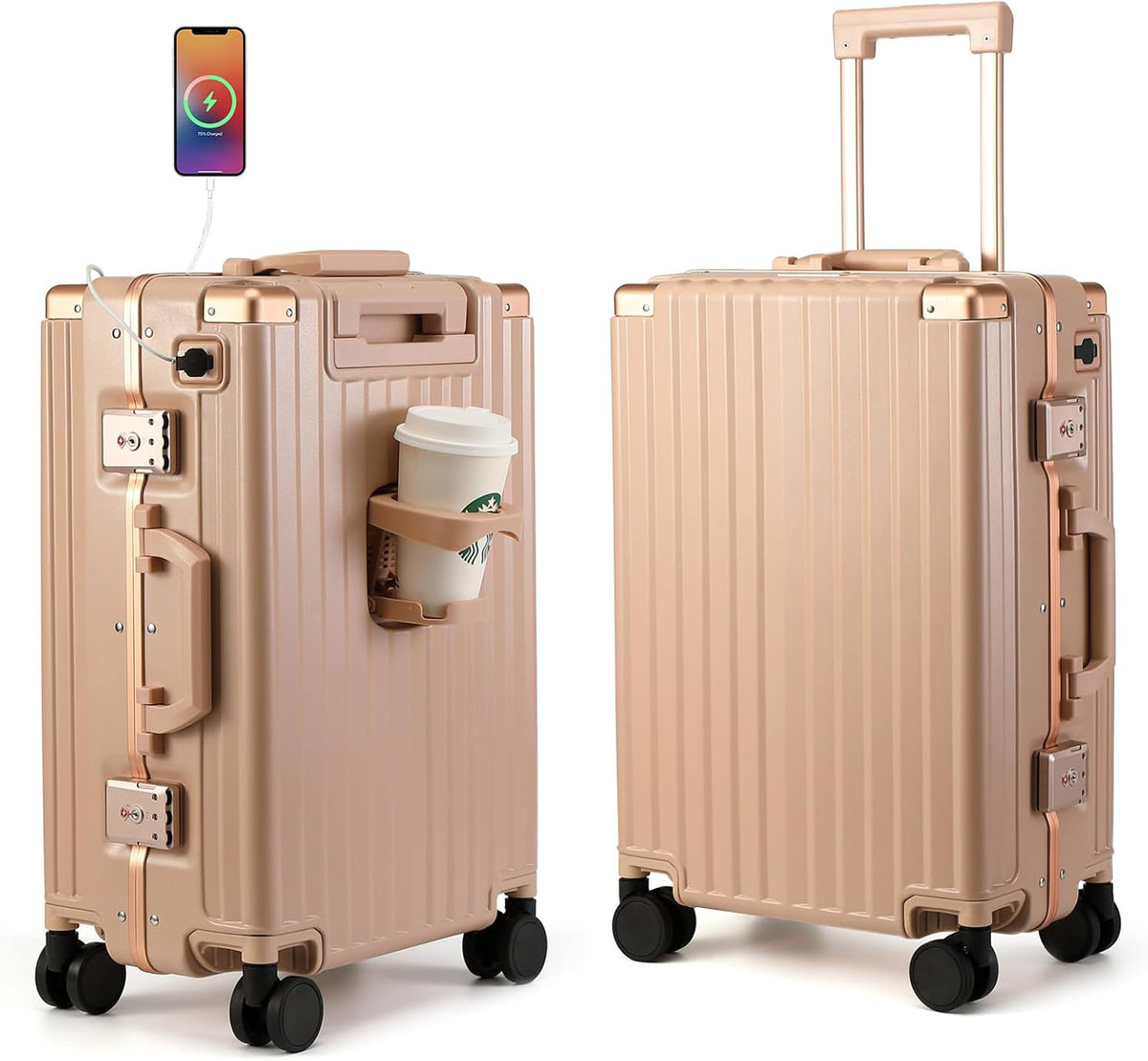 Hard Shell Carry On Luggage 22x14x9 Airline Approved,20 Inch Aluminum Luggage with 100% 3-Layer PC,Carry On Suitcases with Wheels,Cup Holder and USB Port