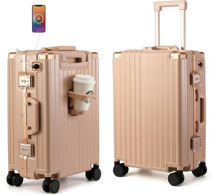Hard Shell Carry On Luggage 22x14x9 Airline Approved,20 Inch Aluminum Luggage with 100% 3-Layer PC,Carry On Suitcases with Wheels,Cup Holder and USB Port