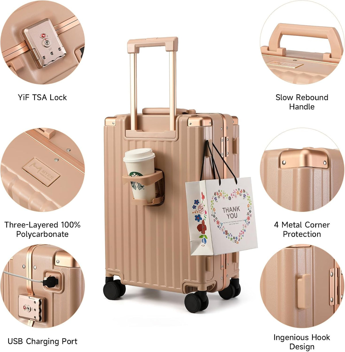 Hard Shell Carry On Luggage 22x14x9 Airline Approved,20 Inch Aluminum Luggage with 100% 3-Layer PC,Carry On Suitcases with Wheels,Cup Holder and USB Port