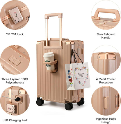 Hard Shell Carry On Luggage 22x14x9 Airline Approved,20 Inch Aluminum Luggage with 100% 3-Layer PC,Carry On Suitcases with Wheels,Cup Holder and USB Port