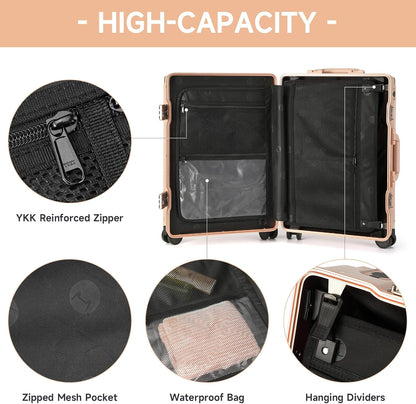 Hard Shell Carry On Luggage 22x14x9 Airline Approved,20 Inch Aluminum Luggage with 100% 3-Layer PC,Carry On Suitcases with Wheels,Cup Holder and USB Port