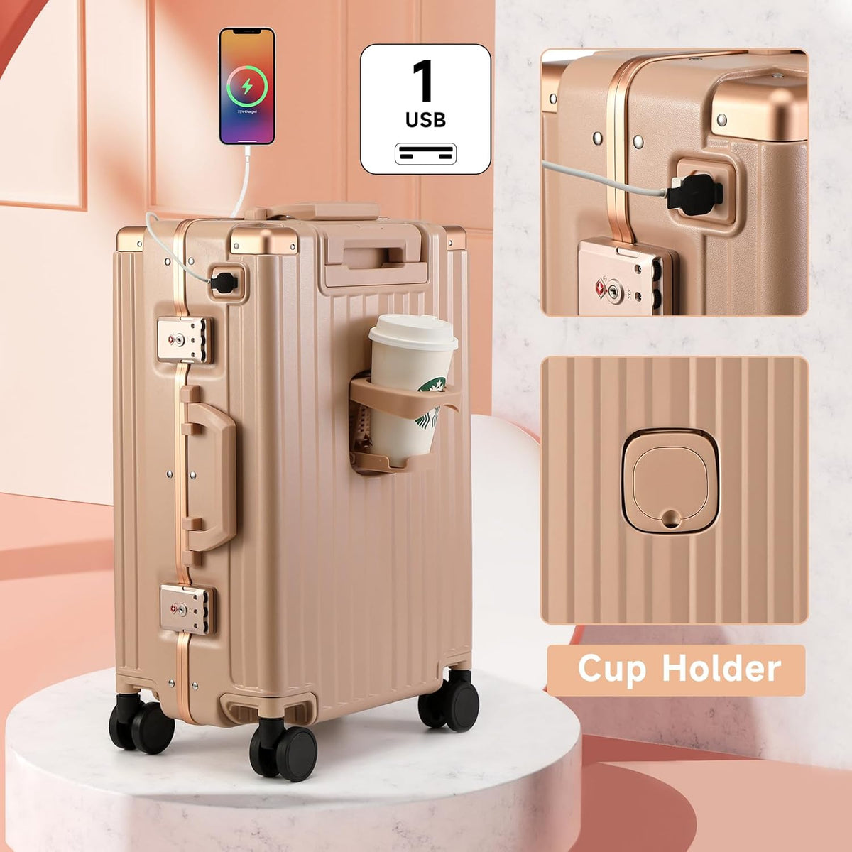 Hard Shell Carry On Luggage 22x14x9 Airline Approved,20 Inch Aluminum Luggage with 100% 3-Layer PC,Carry On Suitcases with Wheels,Cup Holder and USB Port