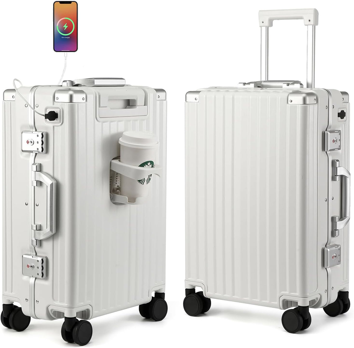 Hard Shell Carry On Luggage 22x14x9 Airline Approved,20 Inch Aluminum Luggage with 100% 3-Layer PC,Carry On Suitcases with Wheels,Cup Holder and USB Port