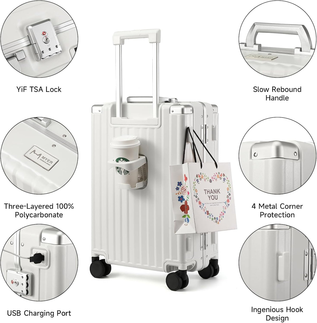 Hard Shell Carry On Luggage 22x14x9 Airline Approved,20 Inch Aluminum Luggage with 100% 3-Layer PC,Carry On Suitcases with Wheels,Cup Holder and USB Port