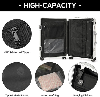 Hard Shell Carry On Luggage 22x14x9 Airline Approved,20 Inch Aluminum Luggage with 100% 3-Layer PC,Carry On Suitcases with Wheels,Cup Holder and USB Port