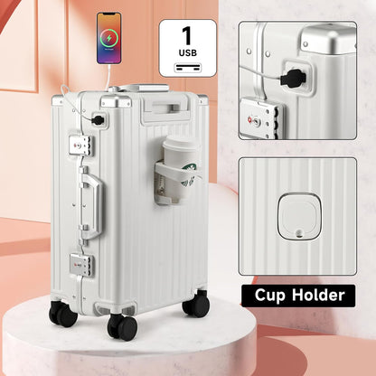 Hard Shell Carry On Luggage 22x14x9 Airline Approved,20 Inch Aluminum Luggage with 100% 3-Layer PC,Carry On Suitcases with Wheels,Cup Holder and USB Port