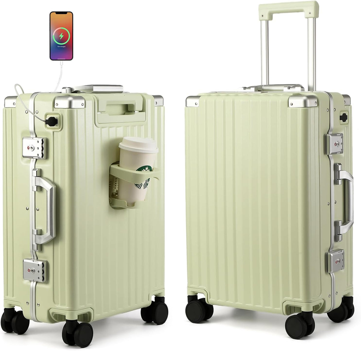Hard Shell Carry On Luggage 22x14x9 Airline Approved,20 Inch Aluminum Luggage with 100% 3-Layer PC,Carry On Suitcases with Wheels,Cup Holder and USB Port