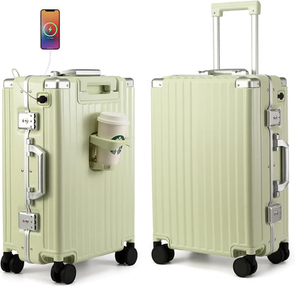 Hard Shell Carry On Luggage 22x14x9 Airline Approved,20 Inch Aluminum Luggage with 100% 3-Layer PC,Carry On Suitcases with Wheels,Cup Holder and USB Port