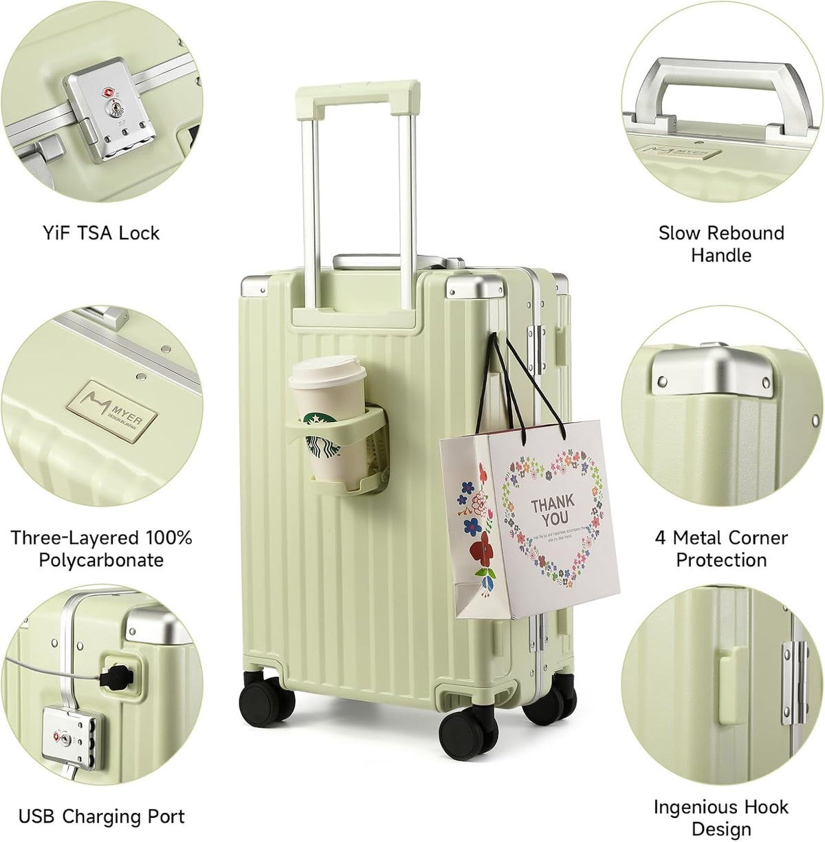 Hard Shell Carry On Luggage 22x14x9 Airline Approved,20 Inch Aluminum Luggage with 100% 3-Layer PC,Carry On Suitcases with Wheels,Cup Holder and USB Port