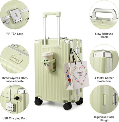 Hard Shell Carry On Luggage 22x14x9 Airline Approved,20 Inch Aluminum Luggage with 100% 3-Layer PC,Carry On Suitcases with Wheels,Cup Holder and USB Port