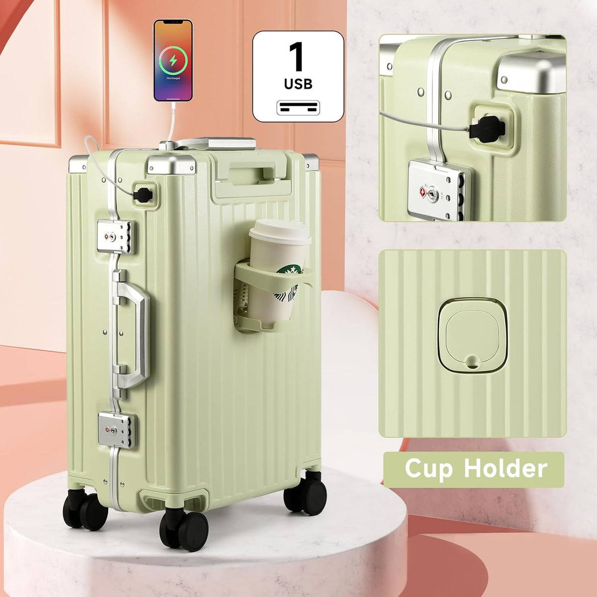 Hard Shell Carry On Luggage 22x14x9 Airline Approved,20 Inch Aluminum Luggage with 100% 3-Layer PC,Carry On Suitcases with Wheels,Cup Holder and USB Port