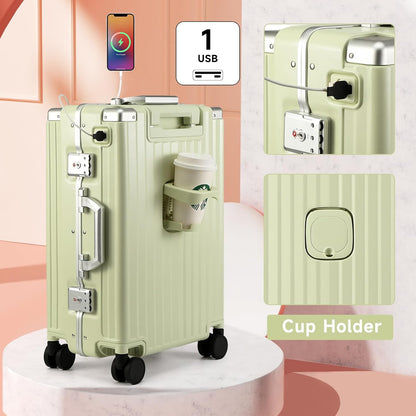 Hard Shell Carry On Luggage 22x14x9 Airline Approved,20 Inch Aluminum Luggage with 100% 3-Layer PC,Carry On Suitcases with Wheels,Cup Holder and USB Port