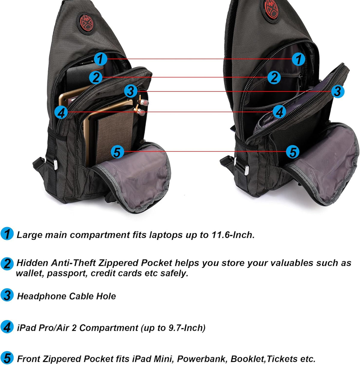 Sling Bag Chest Shoulder Backpack Crossbody Bags for Tablet Laptop Outdoor Hiking Men Women