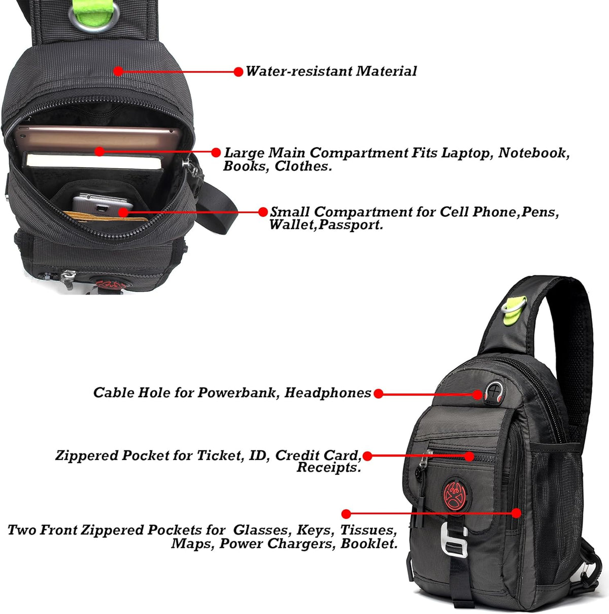 Sling Bag Chest Shoulder Backpack Crossbody Bags for Tablet Laptop Outdoor Hiking Men Women