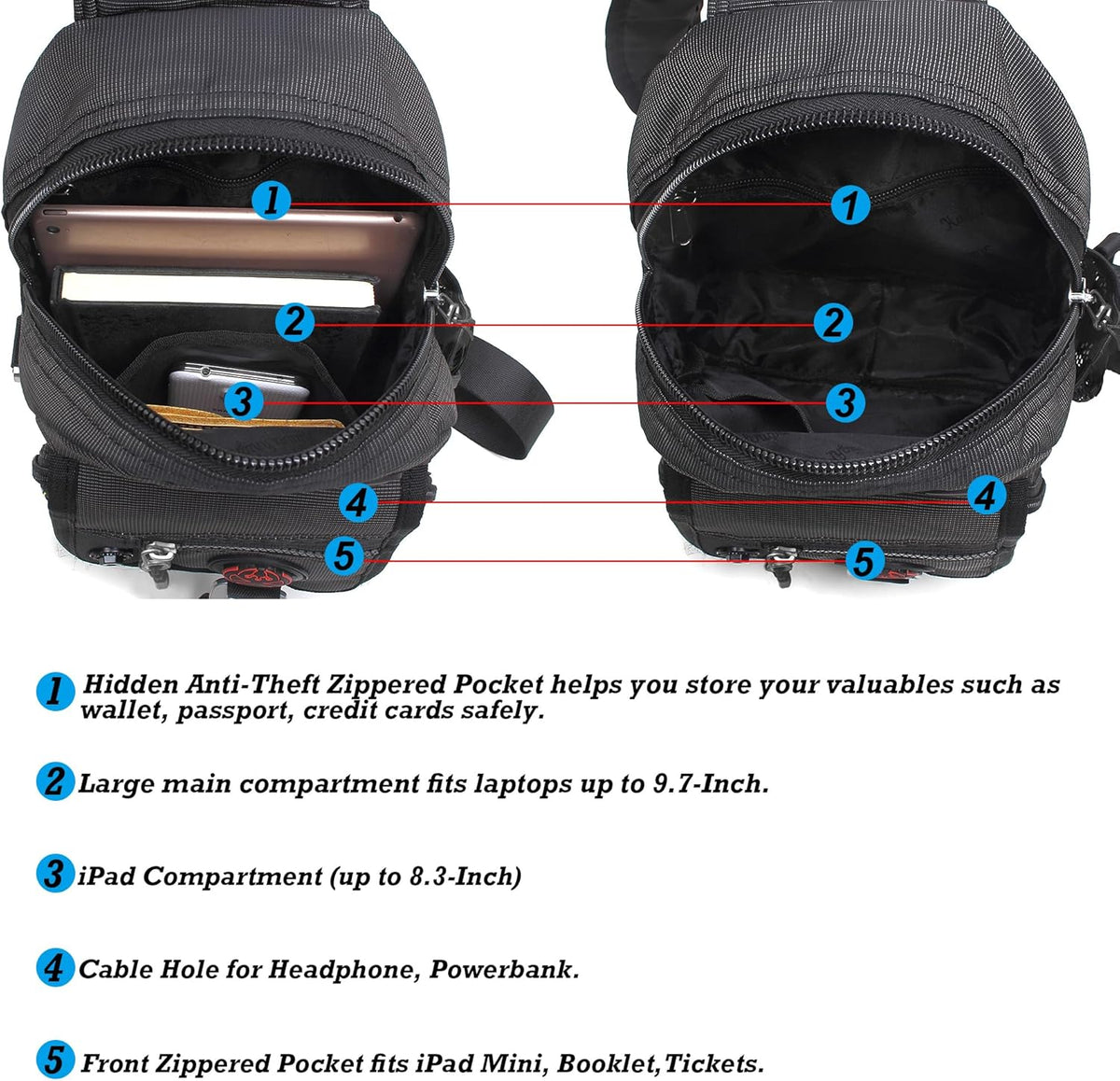 Sling Bag Chest Shoulder Backpack Crossbody Bags for Tablet Laptop Outdoor Hiking Men Women