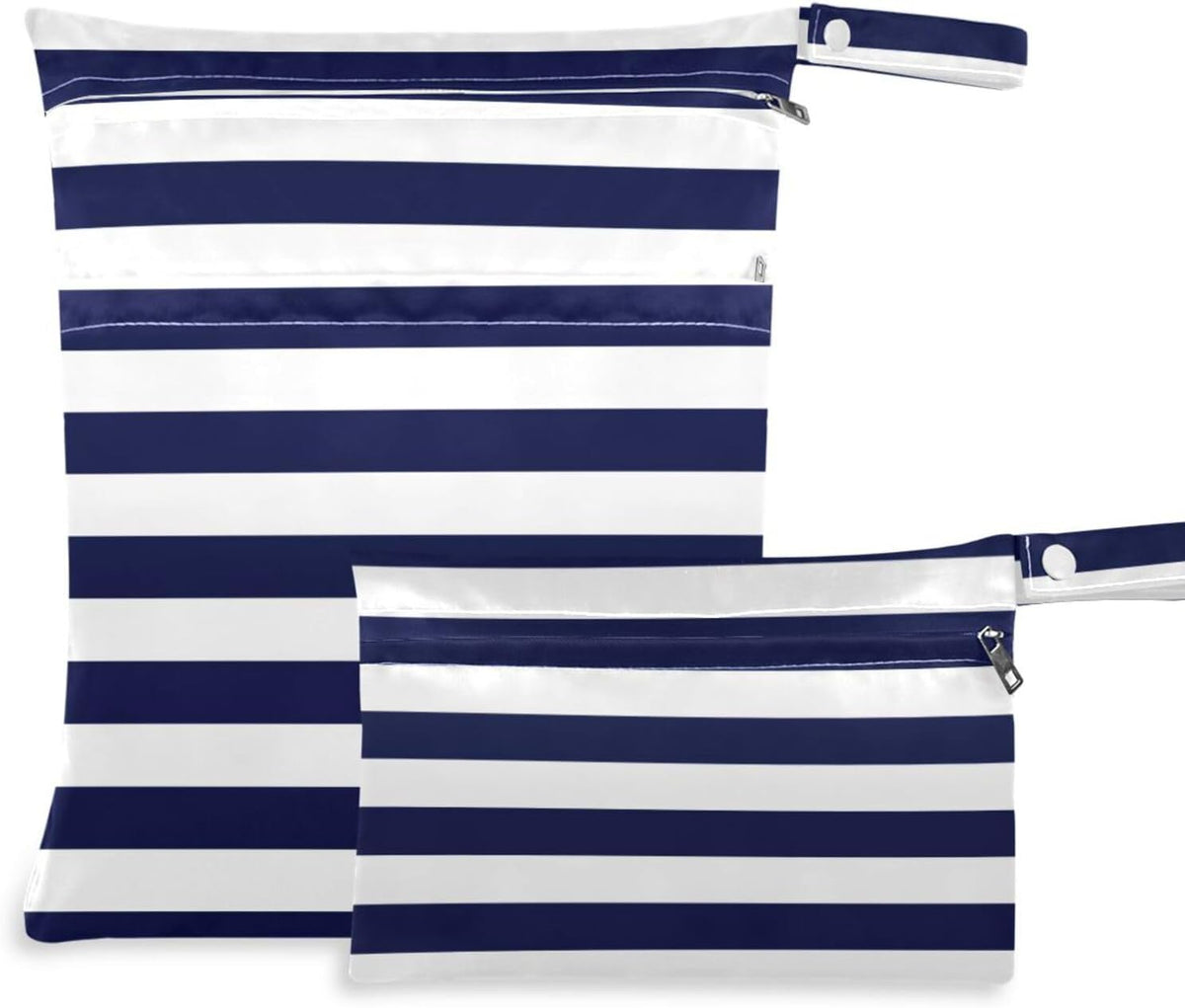 Navy Blue Stripes Wet Dry Bags 2 Pack, Waterproof Reusable Baby Cloth Diaper Wet Dry Bag with Zipper Pocket for Travel, Beach, Stroller, Gym Dirty Clothes, Wet Swimsuits