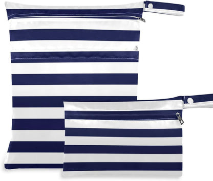 Navy Blue Stripes Wet Dry Bags 2 Pack, Waterproof Reusable Baby Cloth Diaper Wet Dry Bag with Zipper Pocket for Travel, Beach, Stroller, Gym Dirty Clothes, Wet Swimsuits