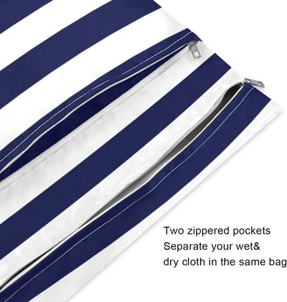 Navy Blue Stripes Wet Dry Bags 2 Pack, Waterproof Reusable Baby Cloth Diaper Wet Dry Bag with Zipper Pocket for Travel, Beach, Stroller, Gym Dirty Clothes, Wet Swimsuits