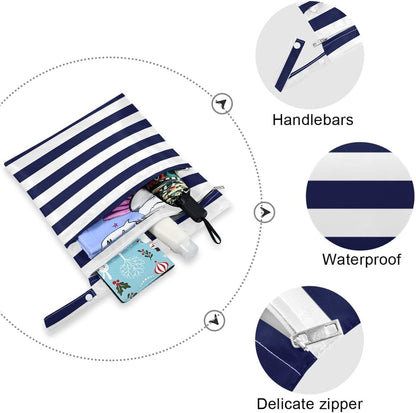 Navy Blue Stripes Wet Dry Bags 2 Pack, Waterproof Reusable Baby Cloth Diaper Wet Dry Bag with Zipper Pocket for Travel, Beach, Stroller, Gym Dirty Clothes, Wet Swimsuits