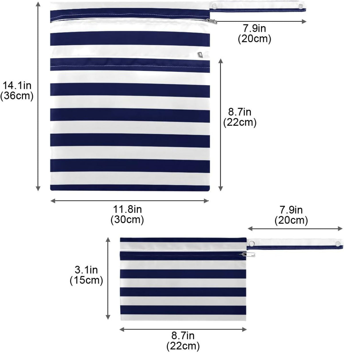 Navy Blue Stripes Wet Dry Bags 2 Pack, Waterproof Reusable Baby Cloth Diaper Wet Dry Bag with Zipper Pocket for Travel, Beach, Stroller, Gym Dirty Clothes, Wet Swimsuits
