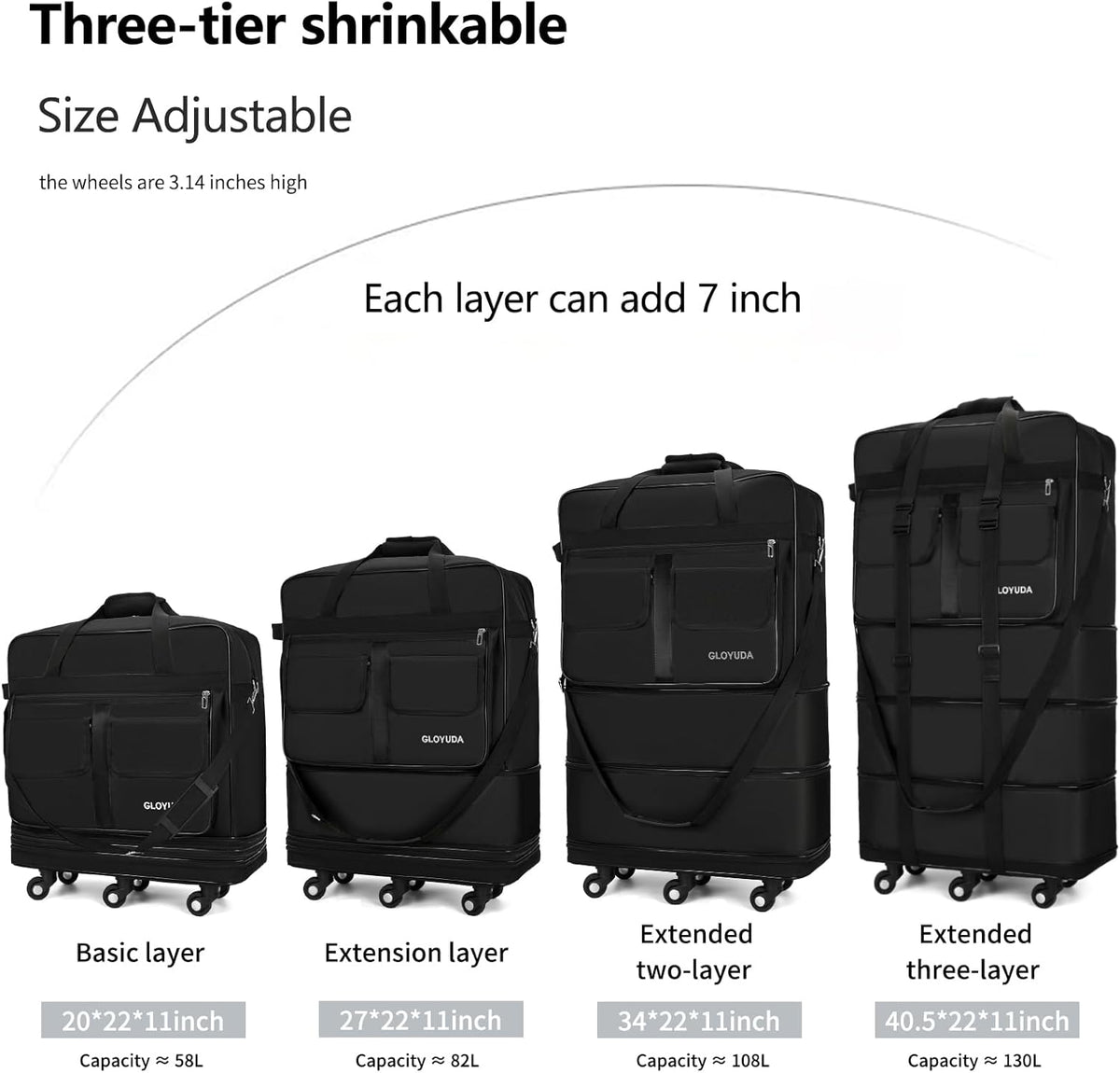 130L Expandable Luggage, 40 Inch Suitcase with Wheels, Collapsible Luggage with Wheels, Rolling Duffle Bag with wheels, Foldable Suitcasewith2Handle Wrap 2Fixing Straps 1Shoulder Strap (Green)